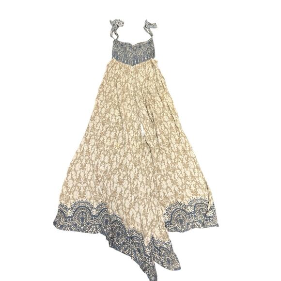 Free People Boho Smocked Wide-Leg Jumpsuit XS Blue Beige Floral Tie Straps - Picture 7 of 11